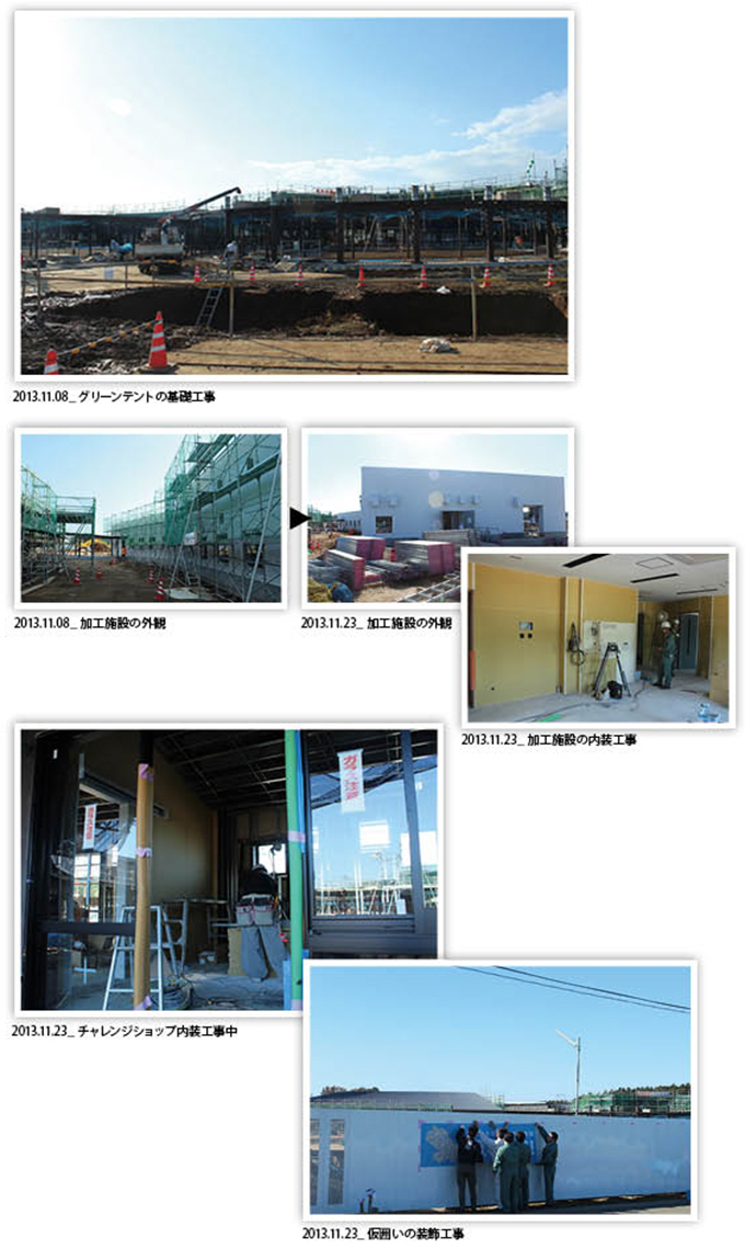 平成25年11月の空のえき「そ・ら・ら」工事施工風景の写真（グリーンテントの基礎工事・加工施設の外観など）